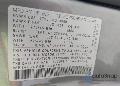 2008 Porsche Cayenne S z USA, uszkodzony, nr VIN WP1AB29P58LA48581